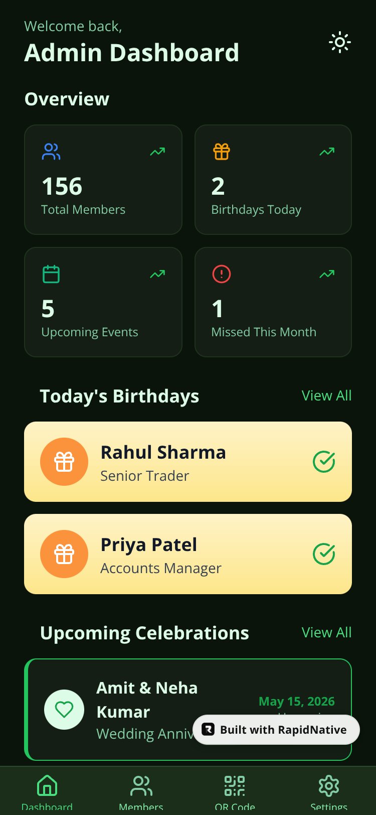 Celebration Reminder Management screen 1