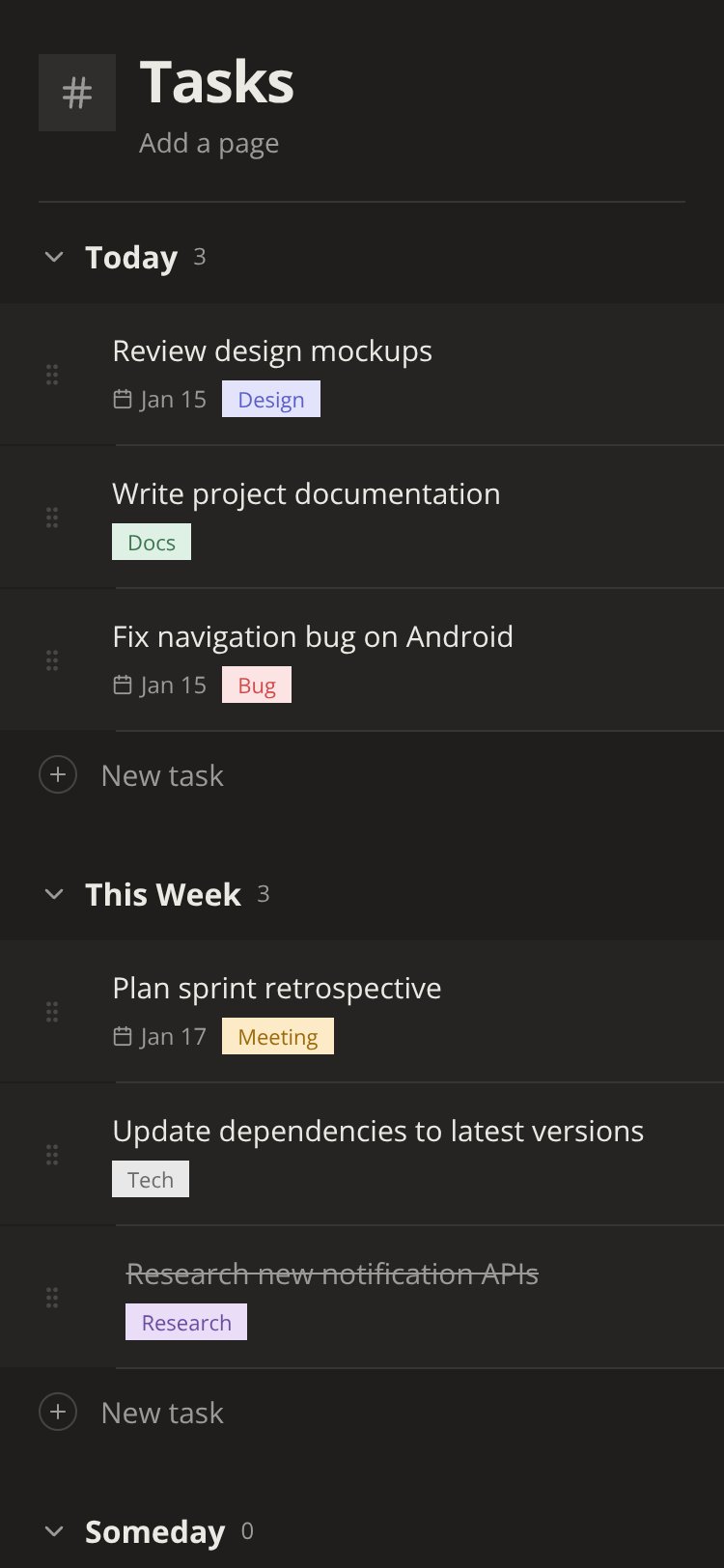 Notion Tasks screen 1