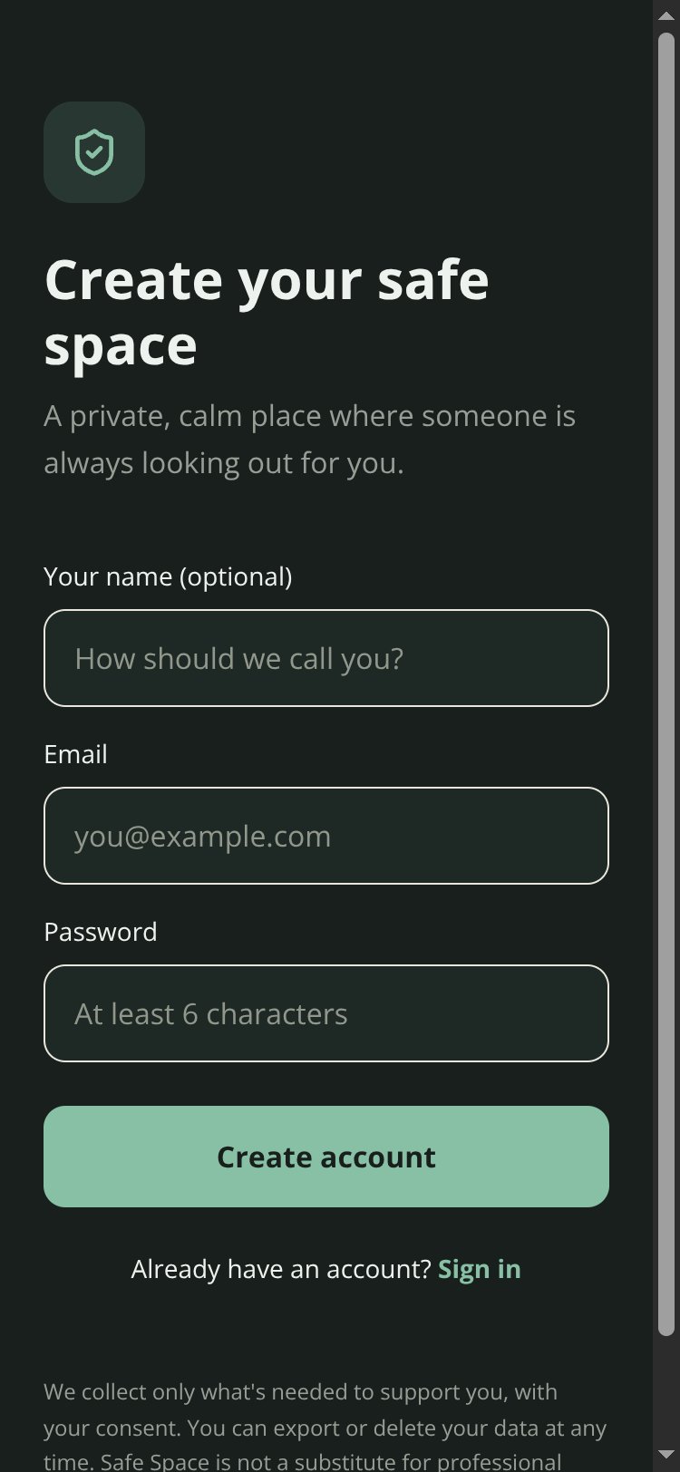 Safe Space screen 1