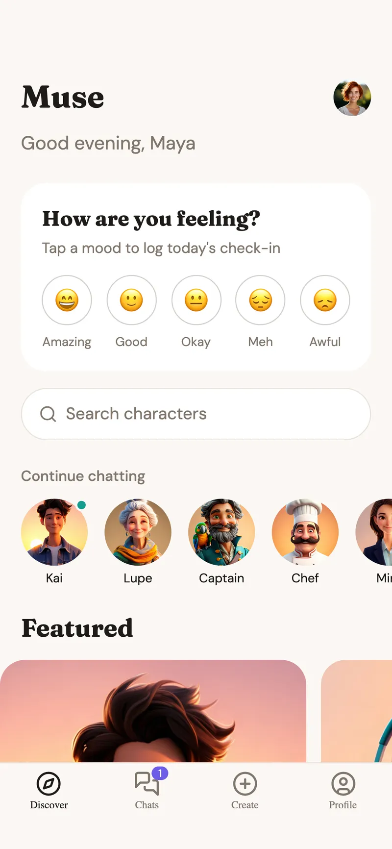 Discover characters, now with a mood check-in, after the prompt