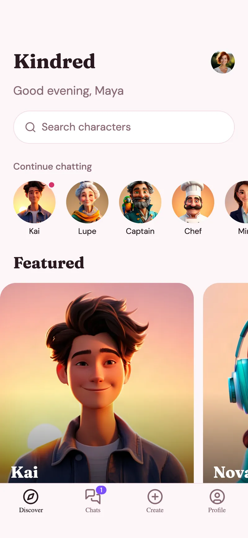 AI companion chat app in the Bloom theme