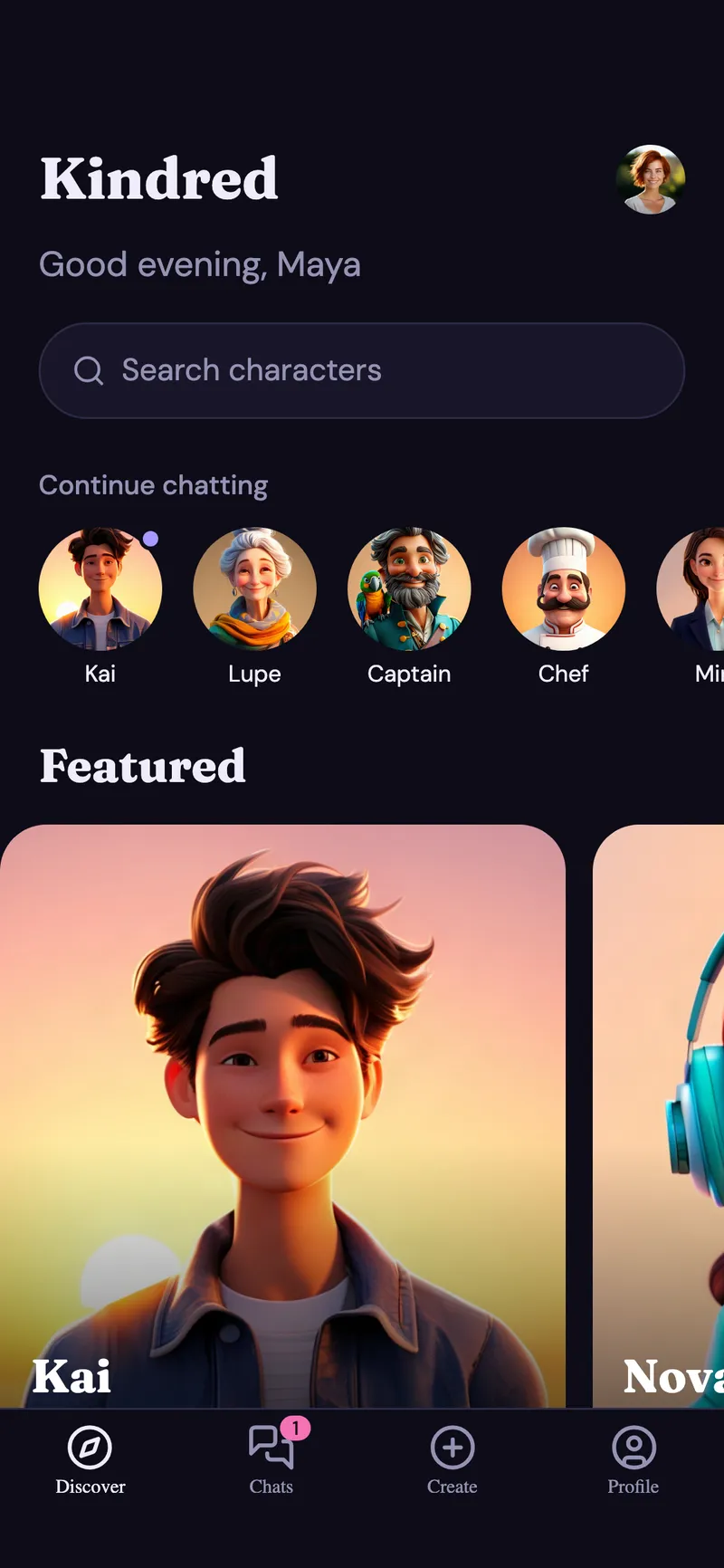 AI companion chat app in the Midnight theme