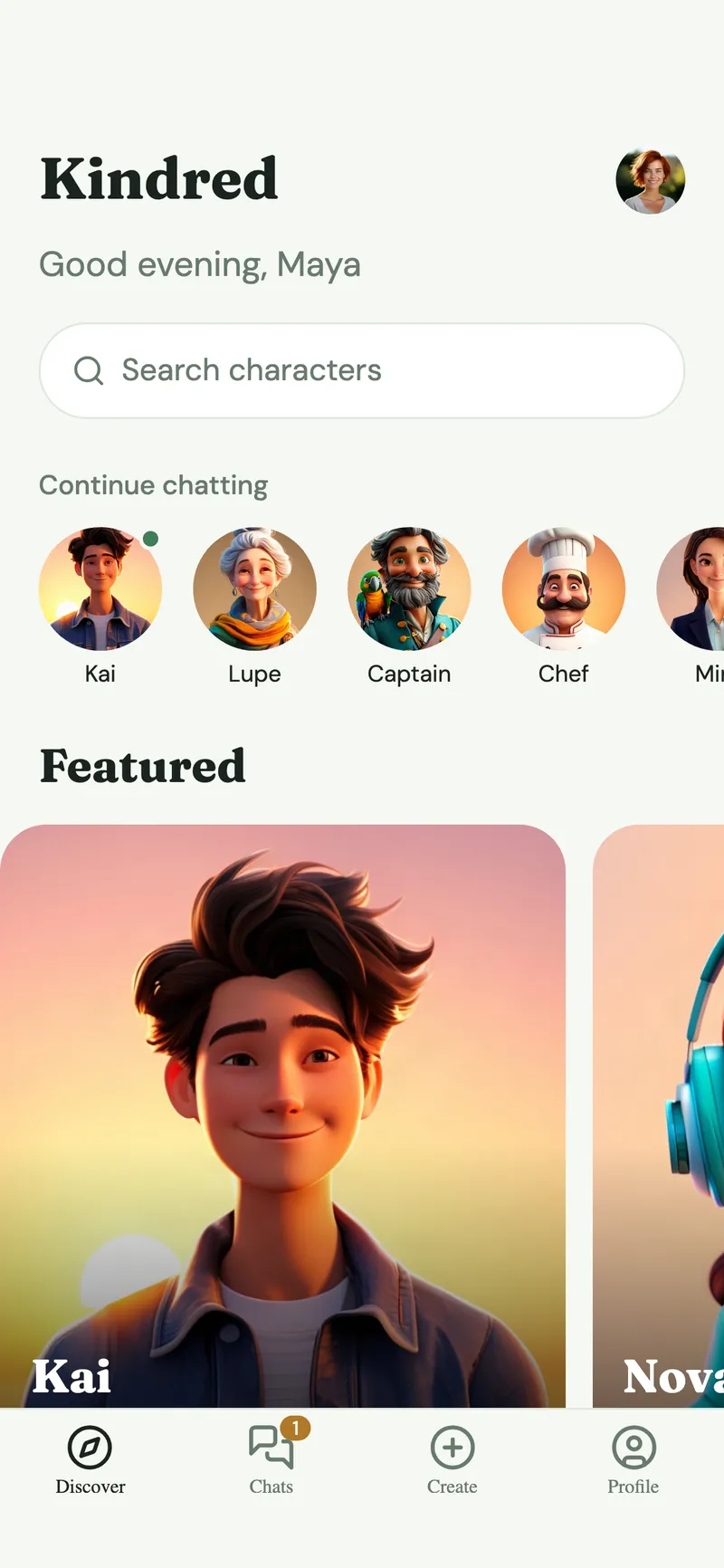AI companion chat app in the Sage theme