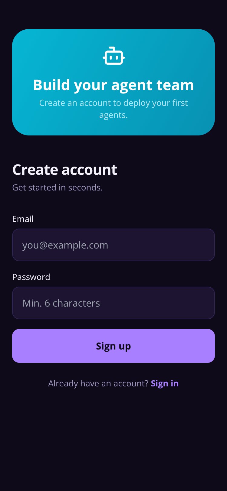 Agent Hub screen 1