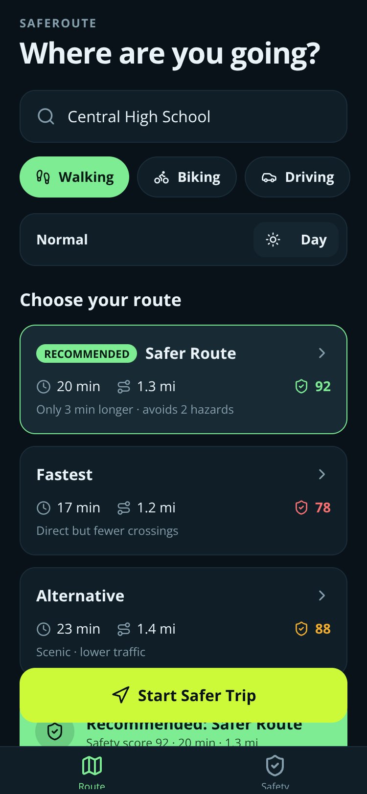 SafeRoute screen 3
